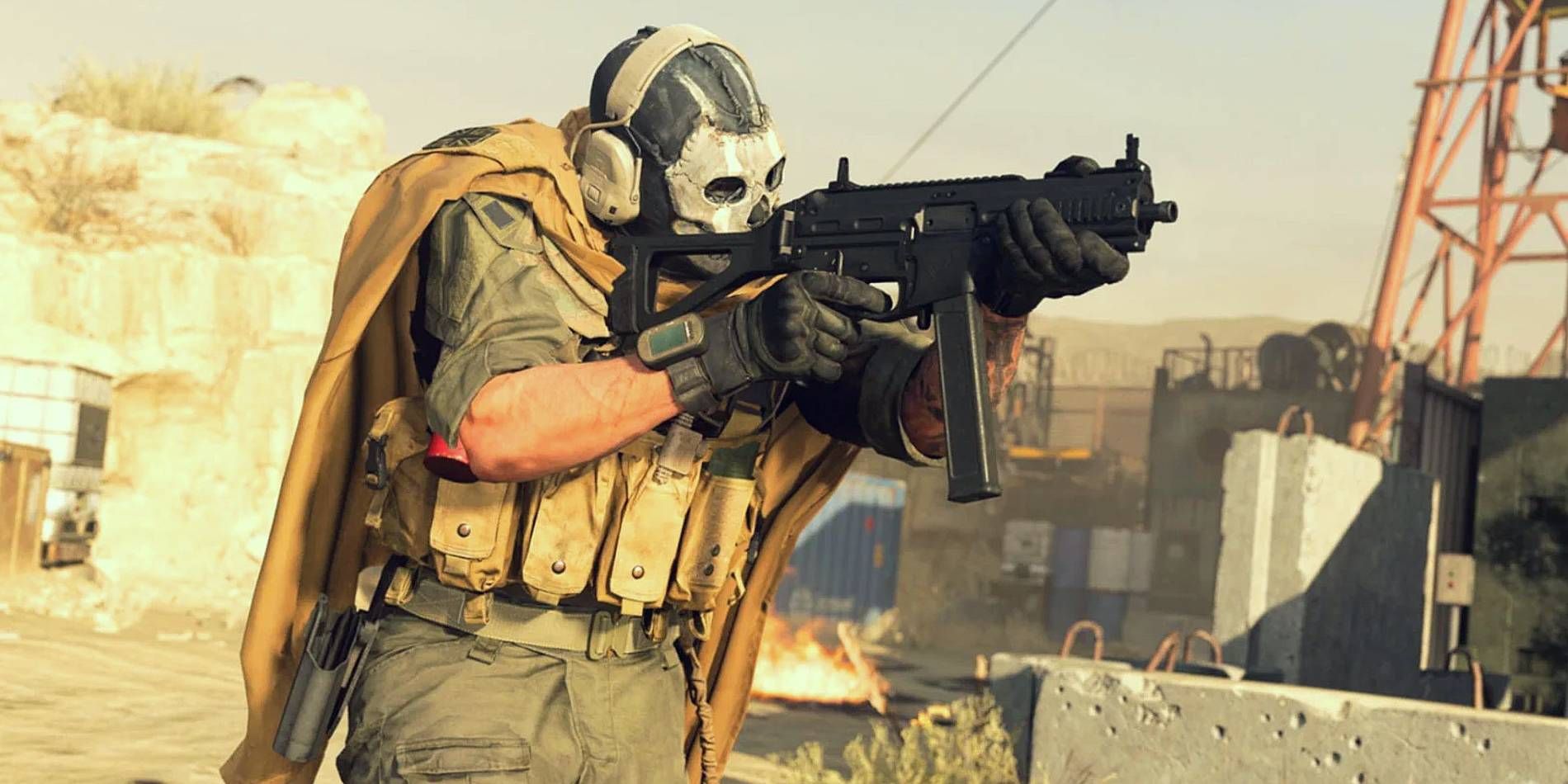 MW2's Ghost operator aiming an SMG.