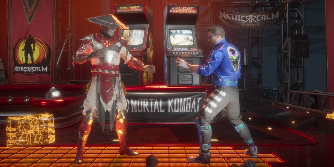 A screenshot of Johnny Cage and Raiden facing off in the arcade stage in Mortal Kombat 11.