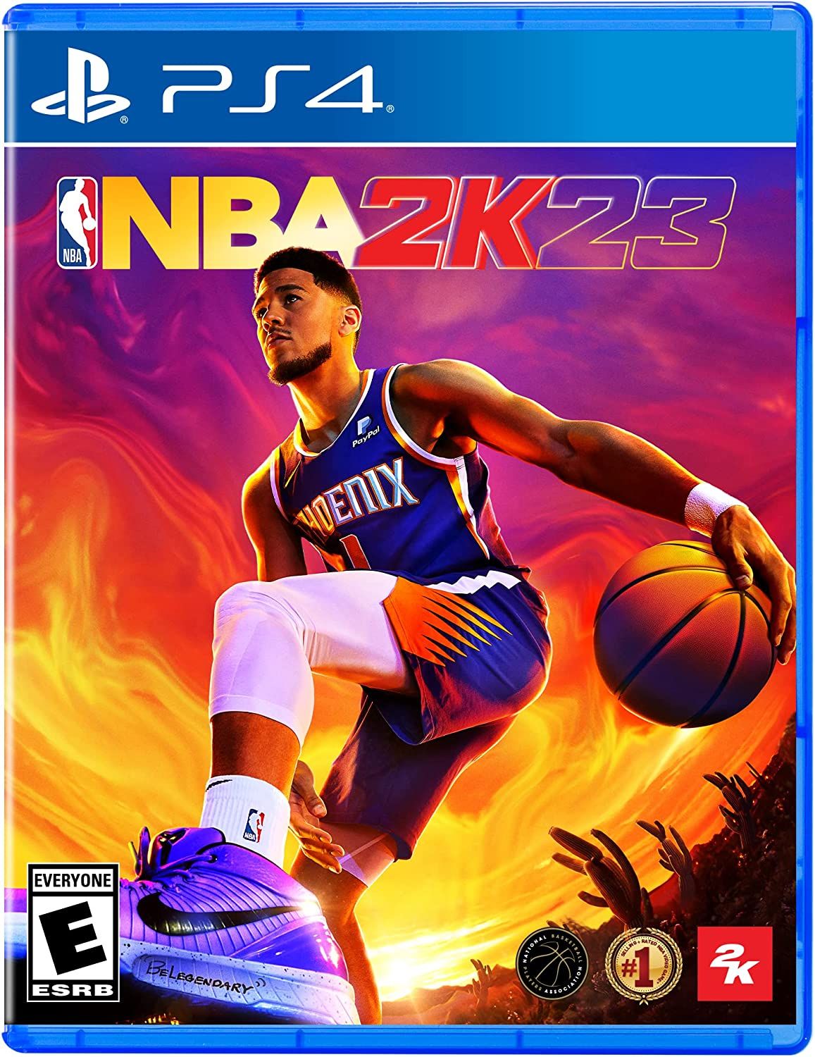 NBA 2k23 PS4 retratando jogador driblando uma bola de basquete em frente ao pôr do sol