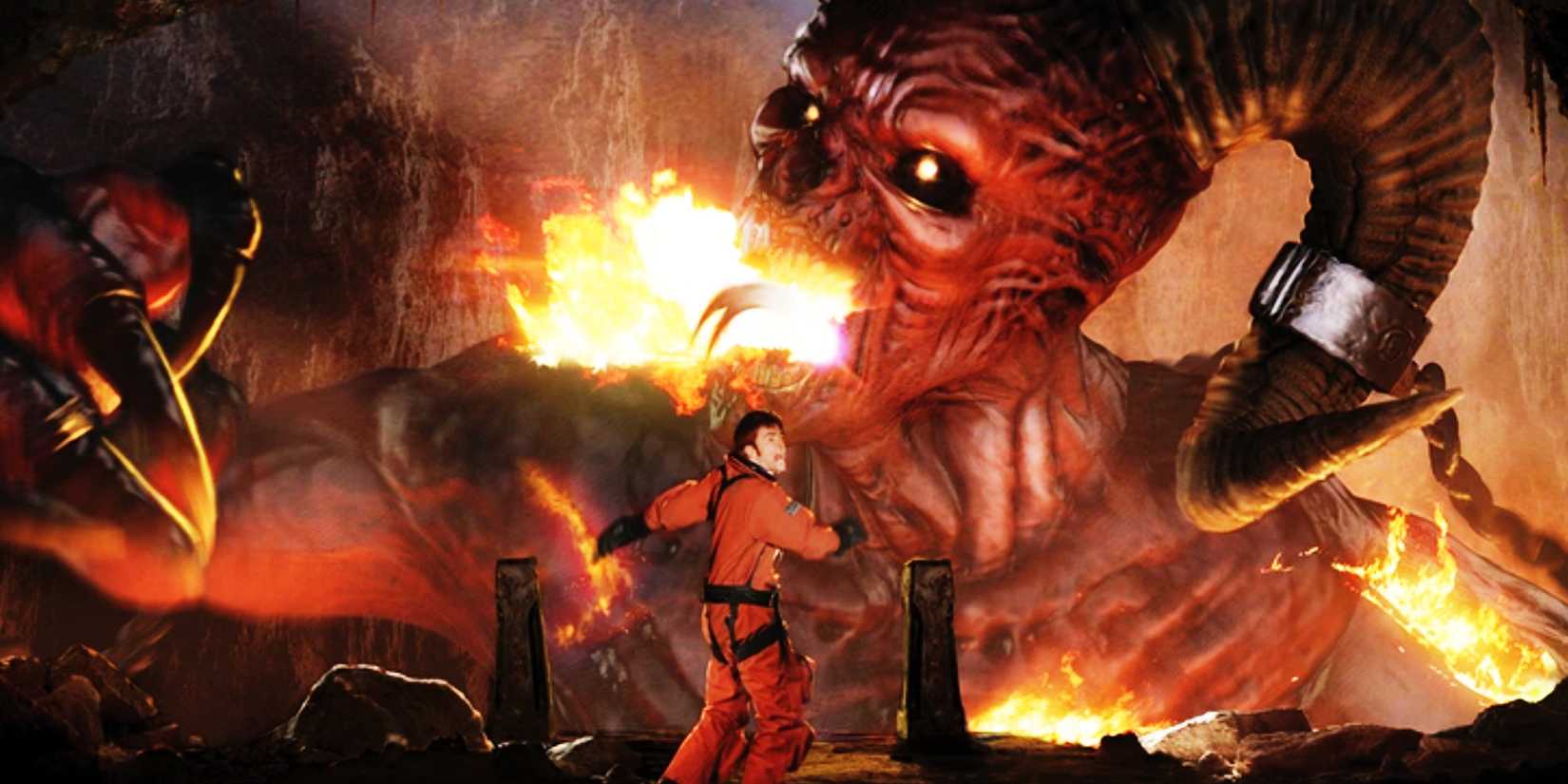 David Tennant as the Doctor facing down the Beast in the Doctor Who episode "The Satan Pit."