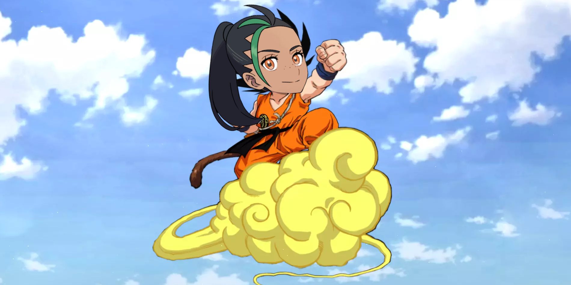 Pokemon rival Nemona's face is posted over young Goku's body as he rides his golden nimbus cloud in the sky.