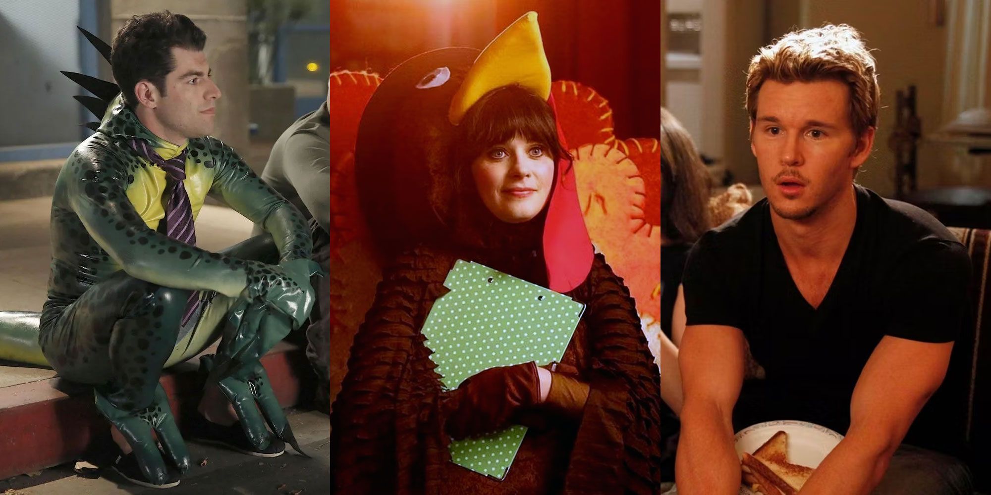 A split image features Schmidt dressed as a lizard, Jess dressed as a turkey, and a love interest from Season 1 of New Girl