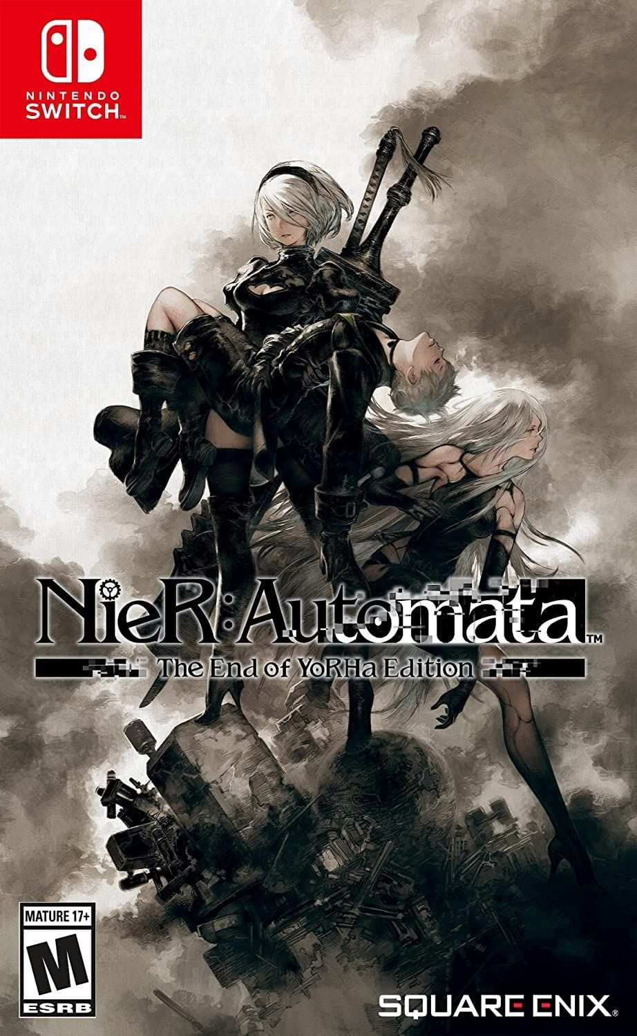 Nier Automata: a woman holds the lifeless body of her friend against a grey sky