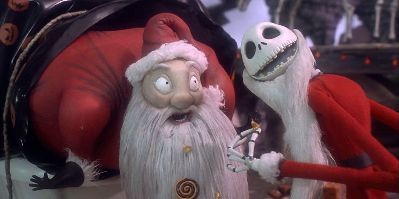 Santa tied up and Jack dressed in a Santa suit in The Nightmare Before Christmas. 