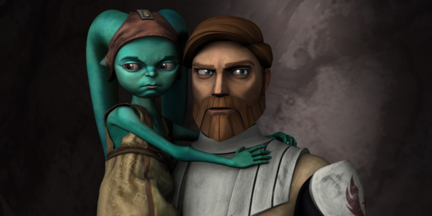 Obi-Wan carries a Togruta child to safety in The Clone Wars