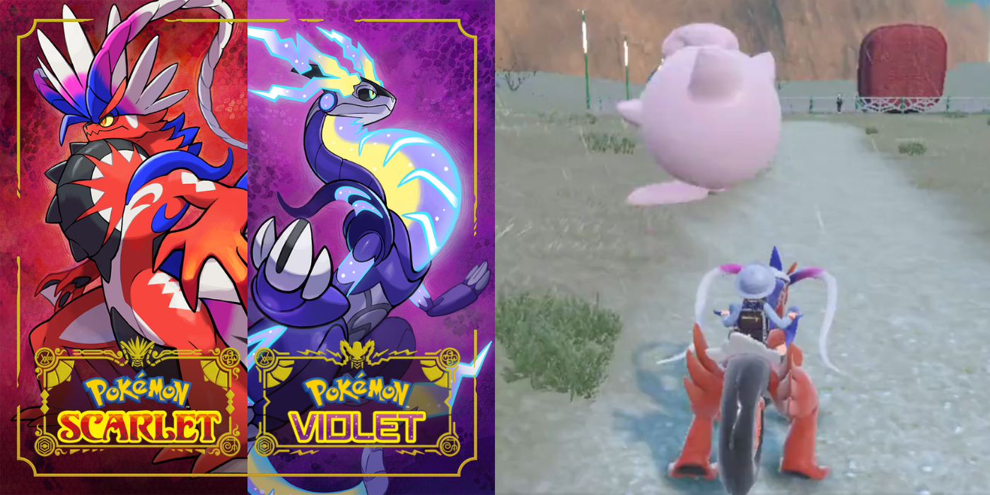 Split image of the cover art for Pokemon Scarlet and Violet and a game glitch