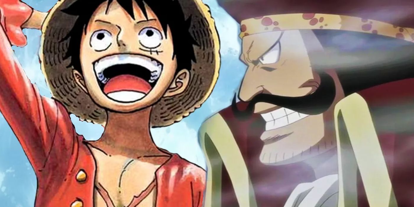 Luffy from One Piece smiles looking at the sky while the Pirate King Gol D. Roger grins in the background