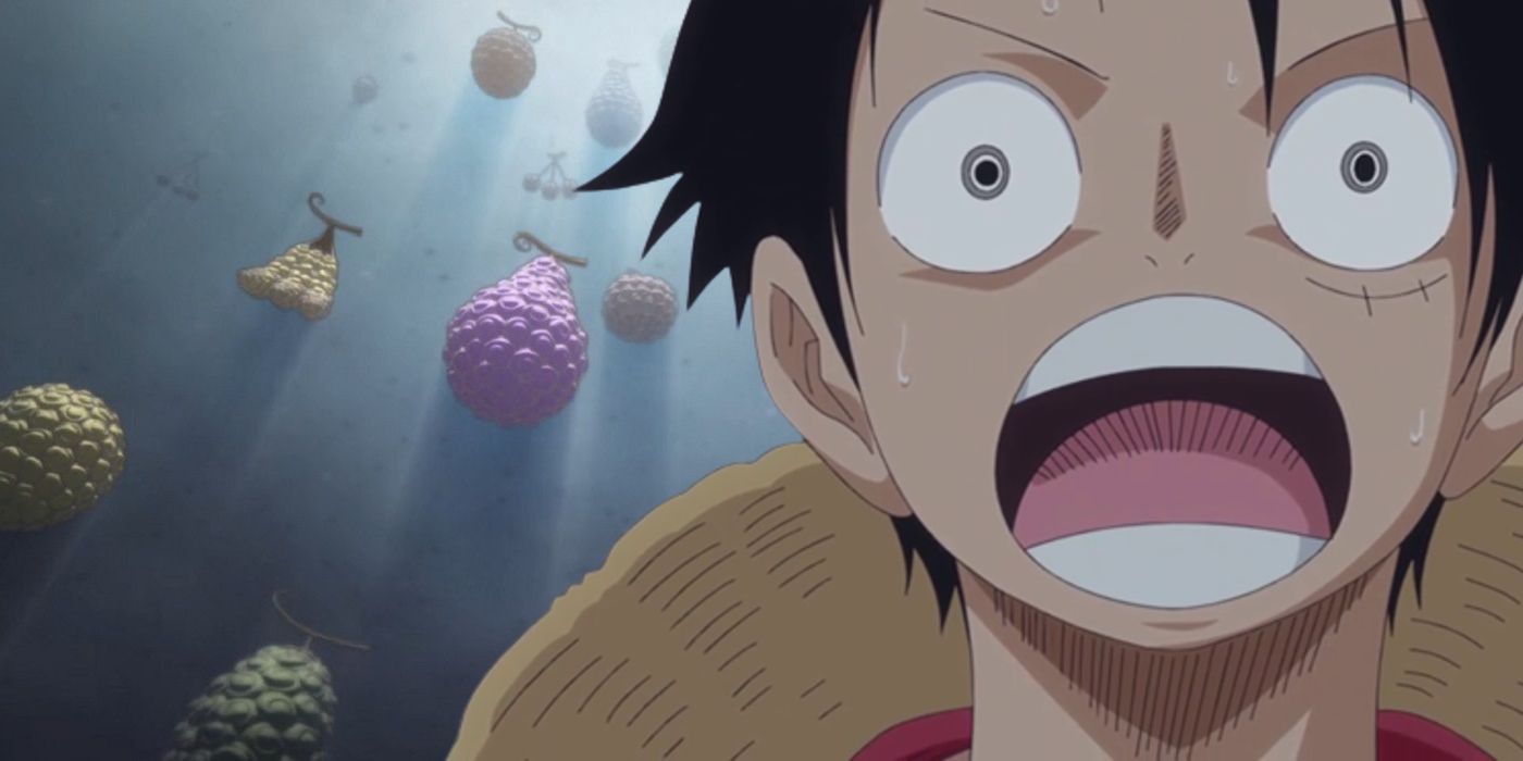 Luffy shocked with Devil Fruits in the background.