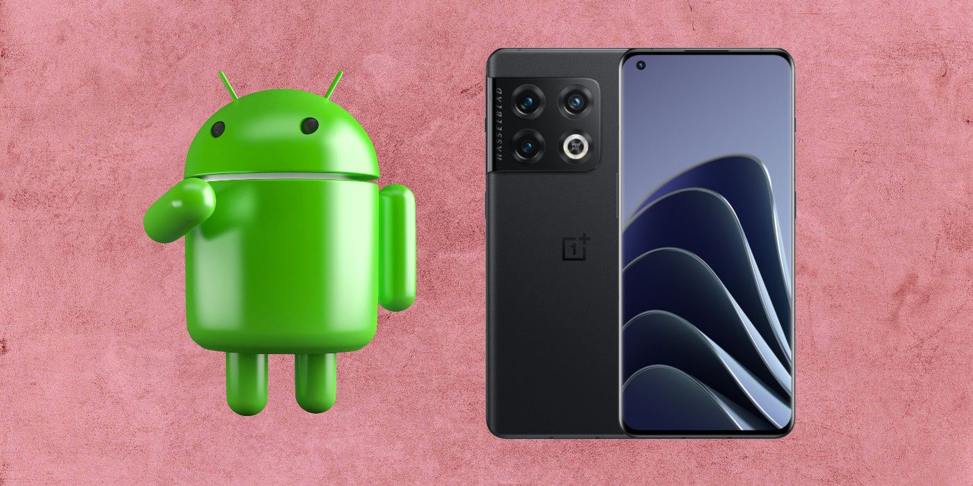 OnePlus 10 Pro next to the Android bot on custom background