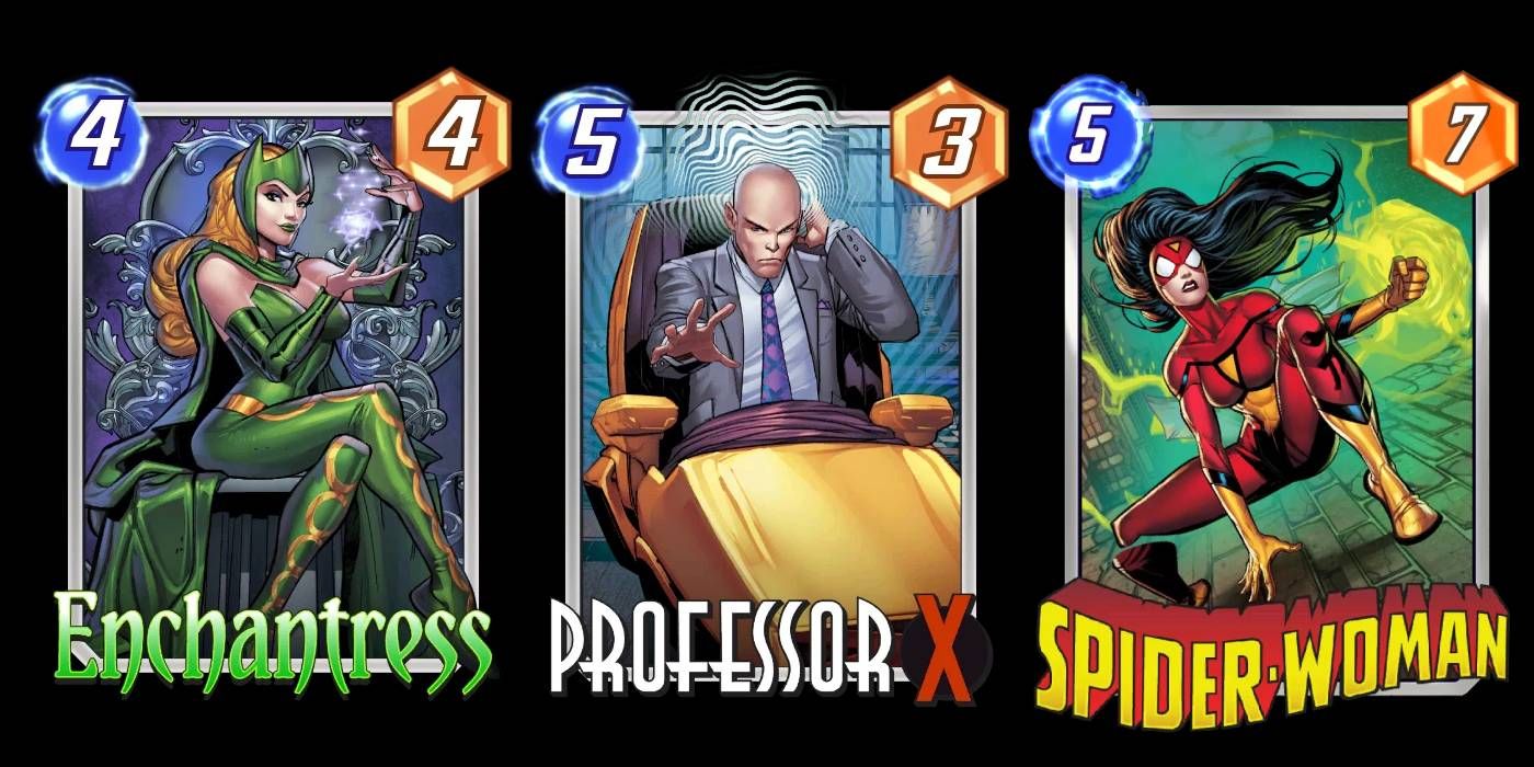 Cartas Marvel Snap Professor X, Enchantress e Spider-Woman do Pool 1 usadas em decks de controle de protótipo