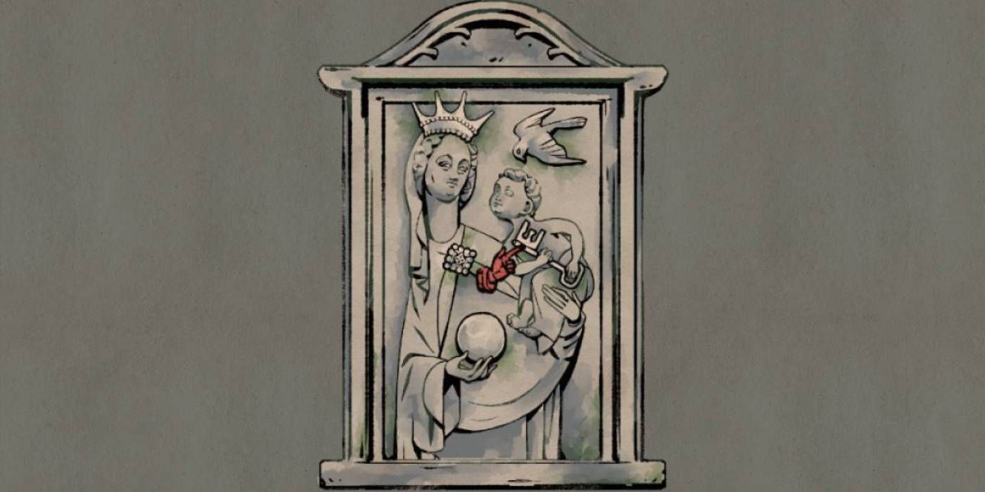 Estátua da Porta da Cripta Secreta do Pentimento na Área Inferior da Igreja com o Cursor do Jogador na Chave da Estátua para Desbloquear a Biblioteca Oculta