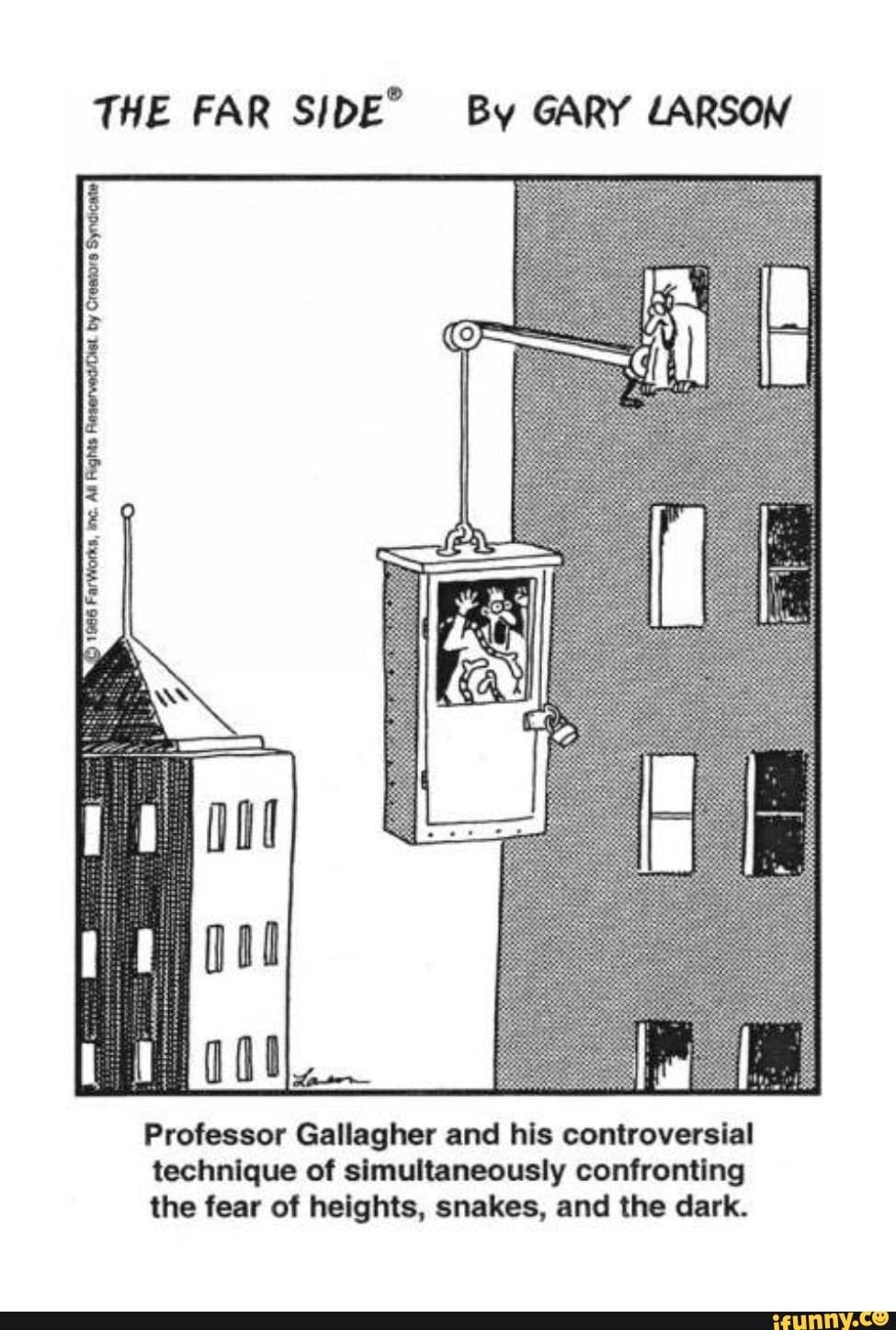 far side comic, a man is suspended off a building in a dark box covered in snakes while a psychologist watches