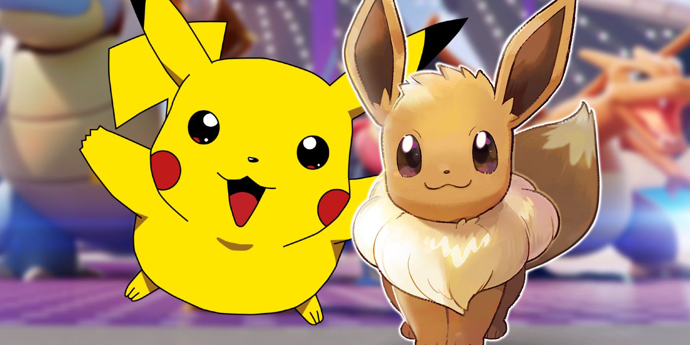 Gambar Pikachu dan Eevee di depan latar belakang Pokemon Unite yang pudar.