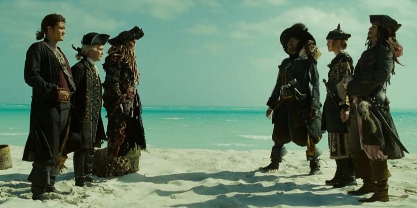 Jack Sparrow, Will Turner and other pirates face each other on the beach in PIrates of the Caribbean: Dead Man's Chest.