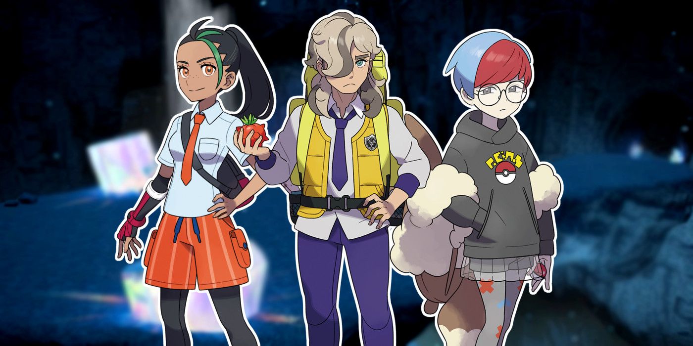 Pokémon SV's Nemona, Arven and Penny character PNGs overlayed on Area Zero background