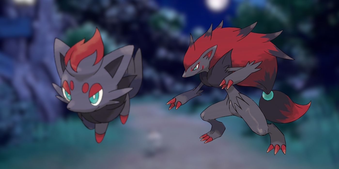 Zorua and Zoroark with the open world of Pokémon Scarlet and Violet in the background