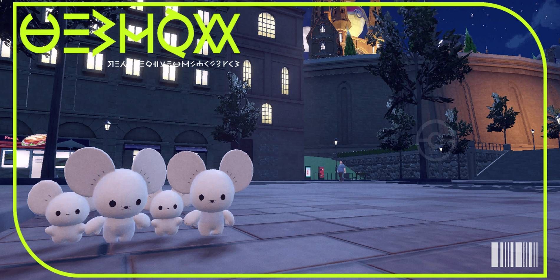 Empat tikus putih berbaris di sebuah kota di Pokémon Scarlet & Violet.