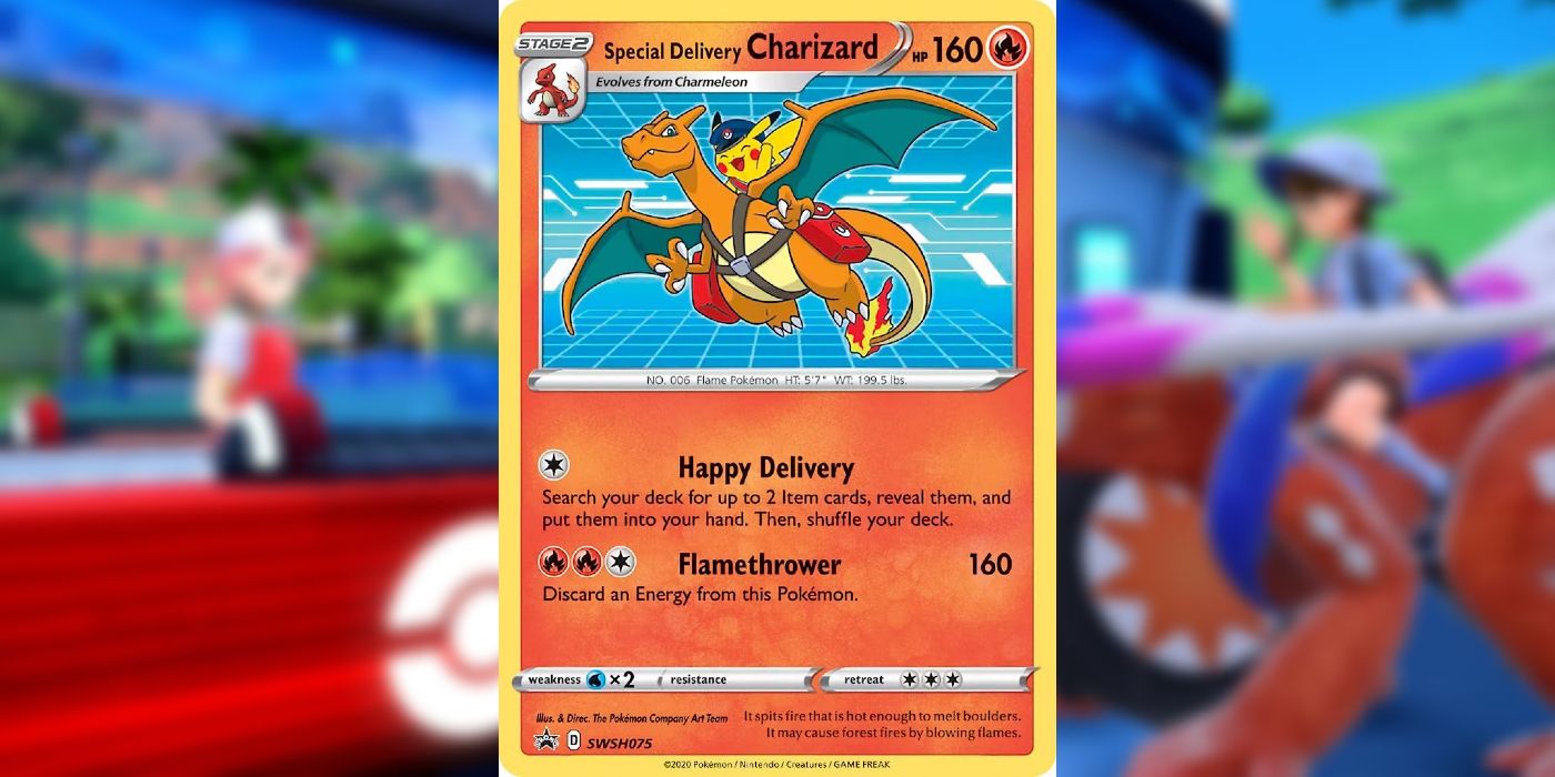 The Pokémon Center Special Delivery Charizard TCG card, with Pikachu riding on a Charizard's back.