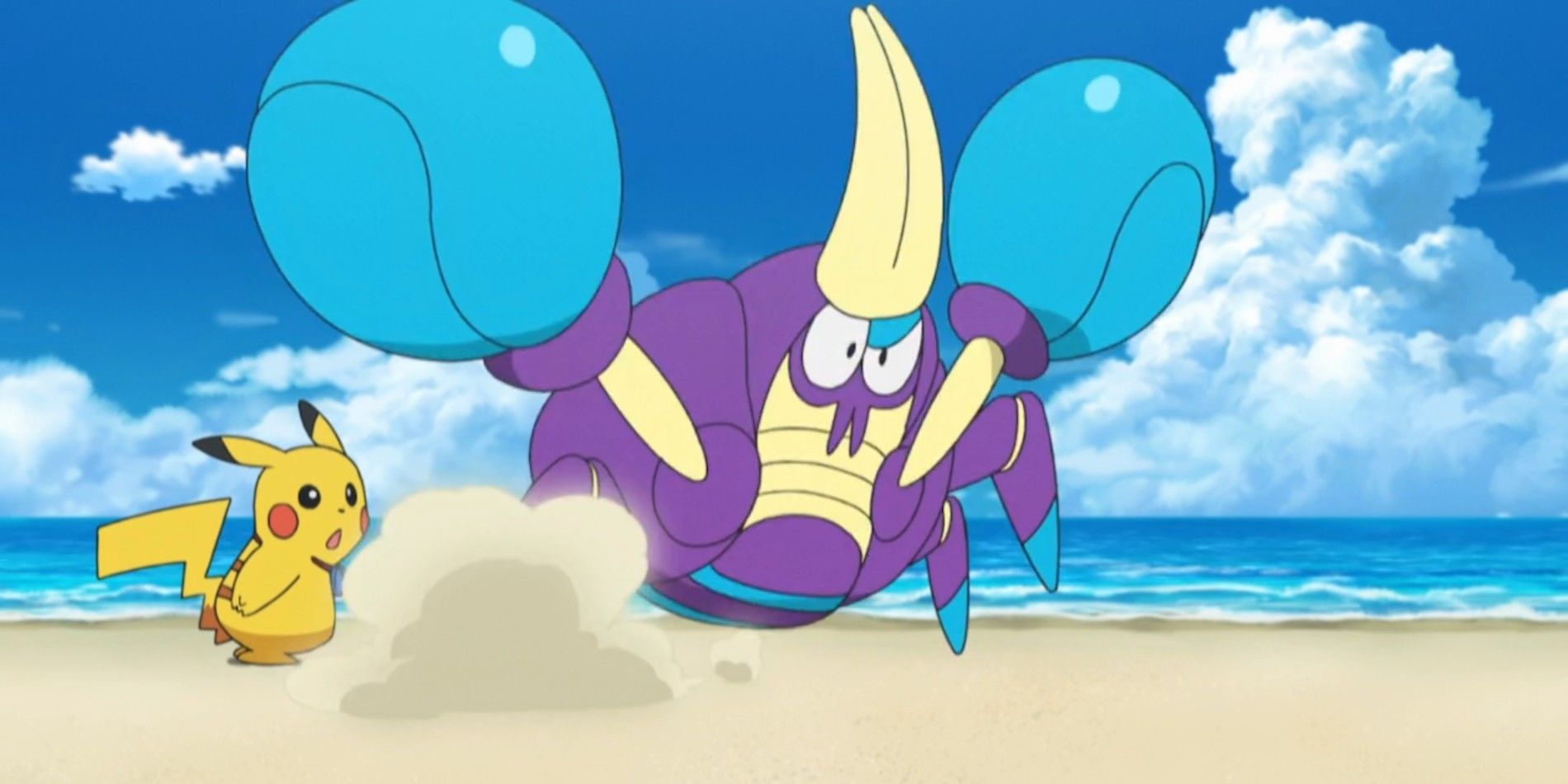 Crabrawler and Pikachu on the beach in the Pokémon anime
