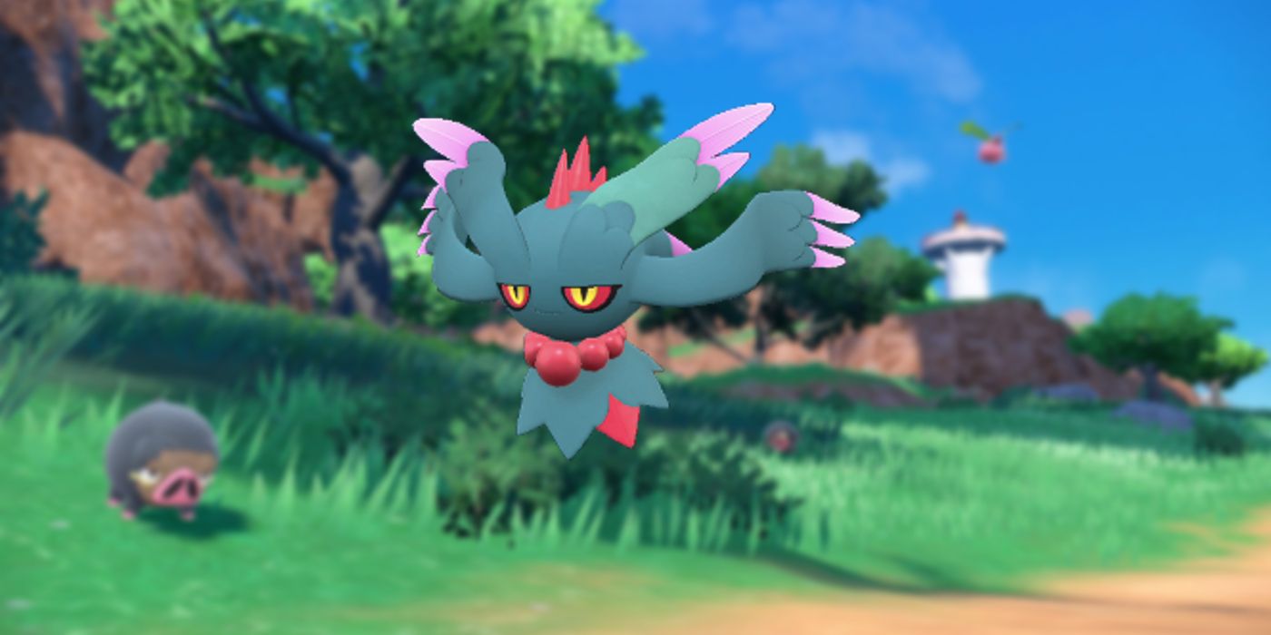 Legendary Pokémon Flutter Mane floating in front of a blurred background of Pokémon Scarlet and Violet's open world.