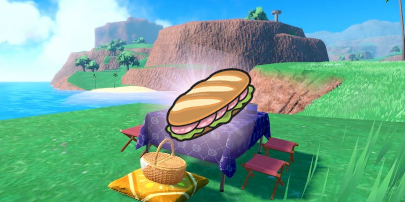 The sandwich icon from Pokémon Scarlet and Violet in front of a picnic set up on an oceanside cliff in-game.