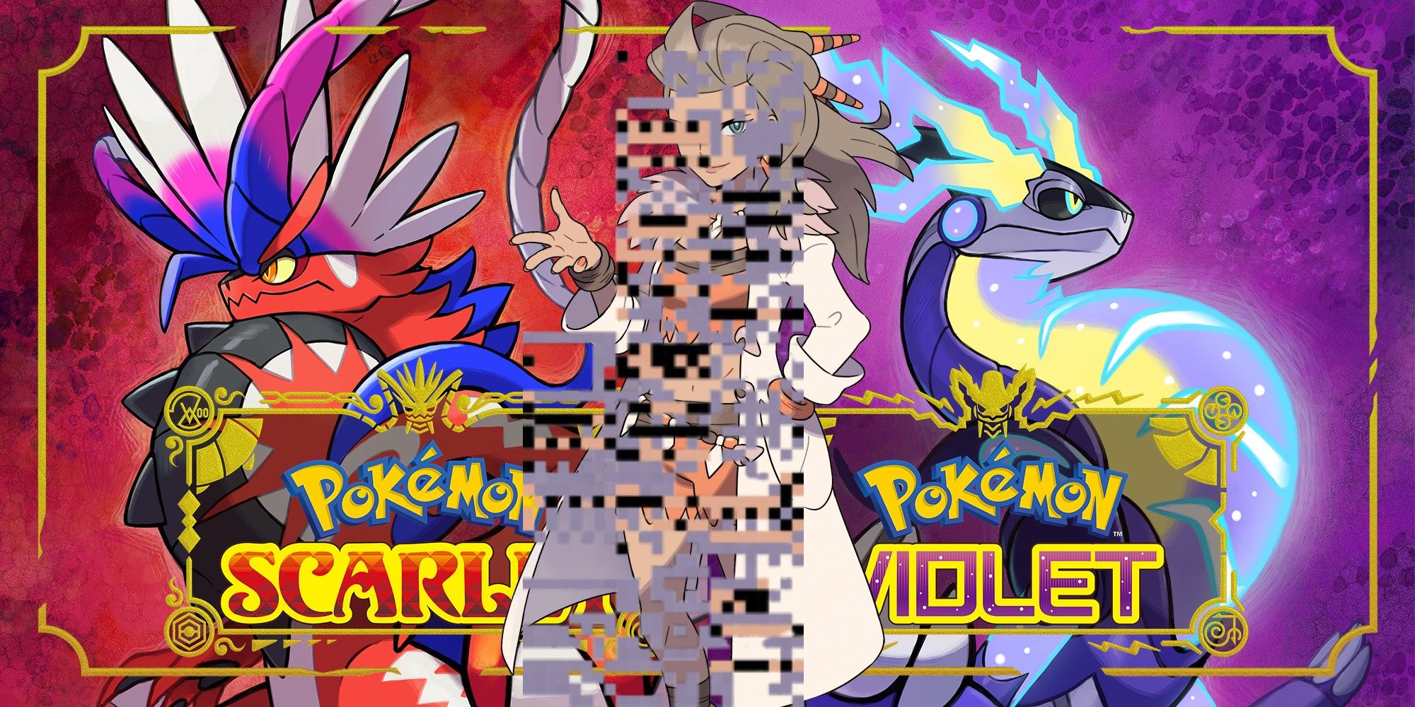 Glitched Professor Sada in front of Pokémon Scarlet & Violet's cover artworks.