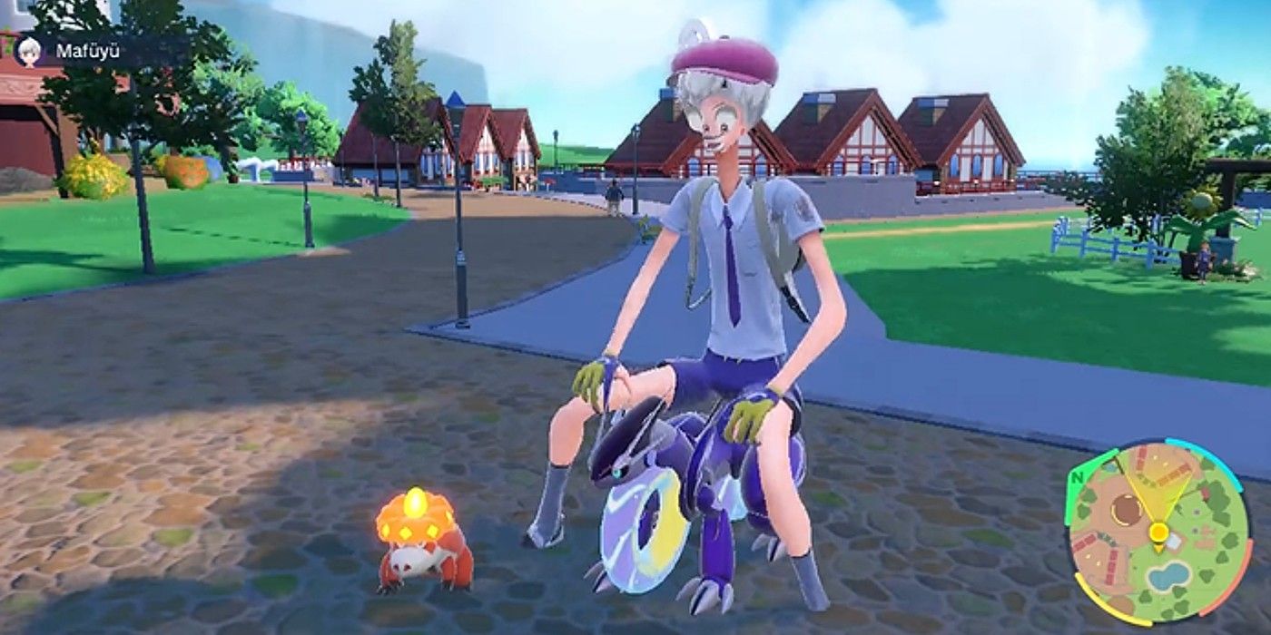 Um modelo de personagem que se alonga enquanto monta Miraidon em Pokémon Violet.