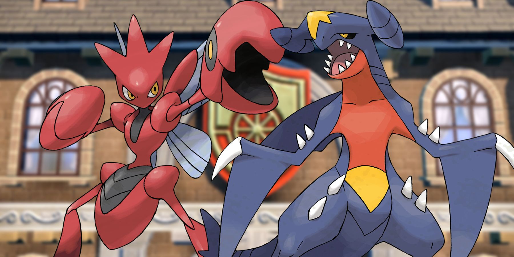 Scizor and Garchomp in front of Pokémon Scarlet's Naranja Academy.