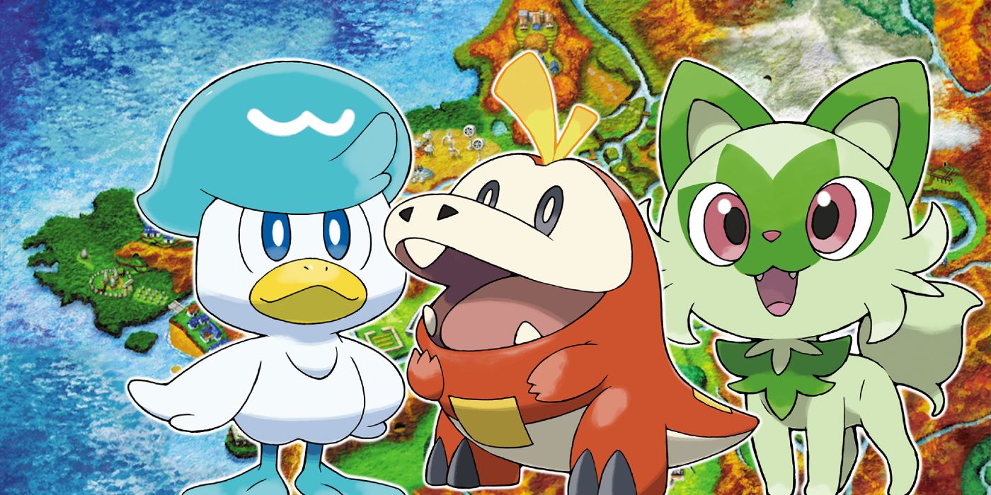 Pokemon Scarlet and Violet Starters Sprigatito, Quaxly, and Fuecoco in the Kalos region