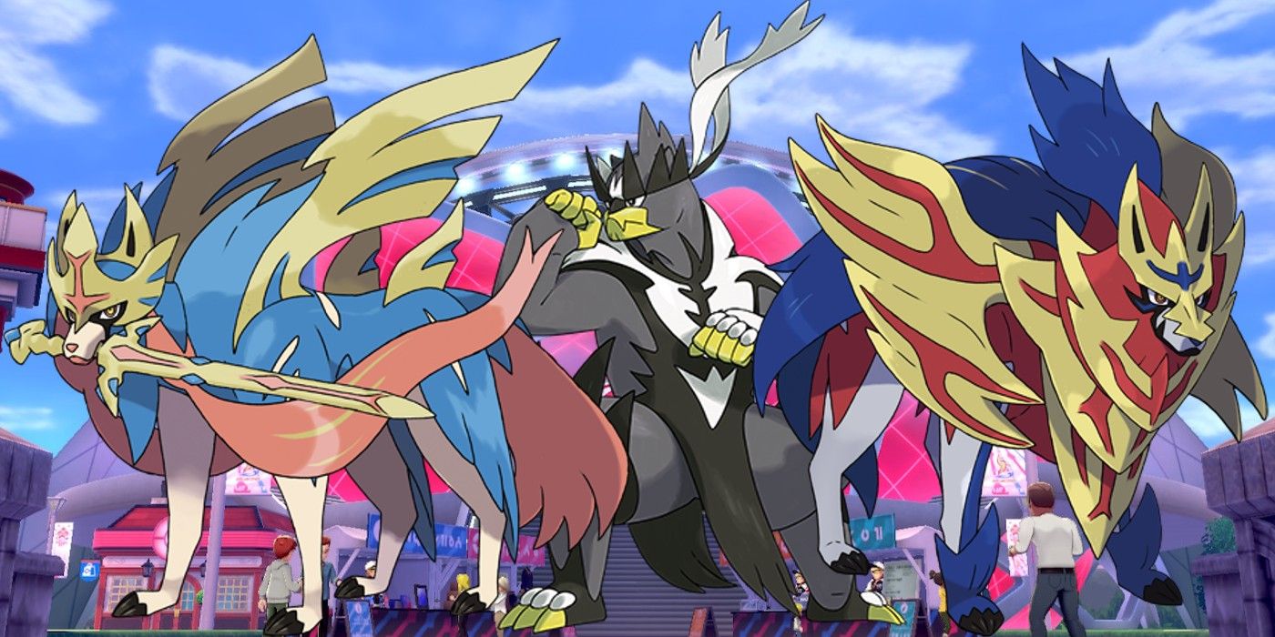 Zacian, Zamazenta, and Urshifu in front of Wyndon Stadium from Pokémon Sword & Shield