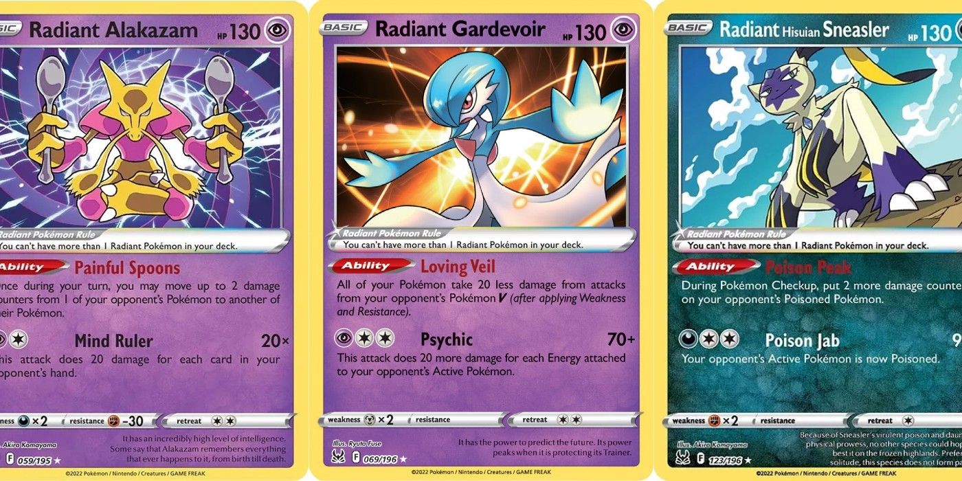Radiant Alakazam, Gardevoir, and Hisuian Sneasler from the Pokémon TCG