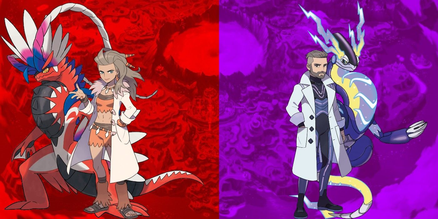Professores Sada e Turo, Koraidon e Miraidon em frente ao mapa Paldea de Pokémon Scarlet & Violet