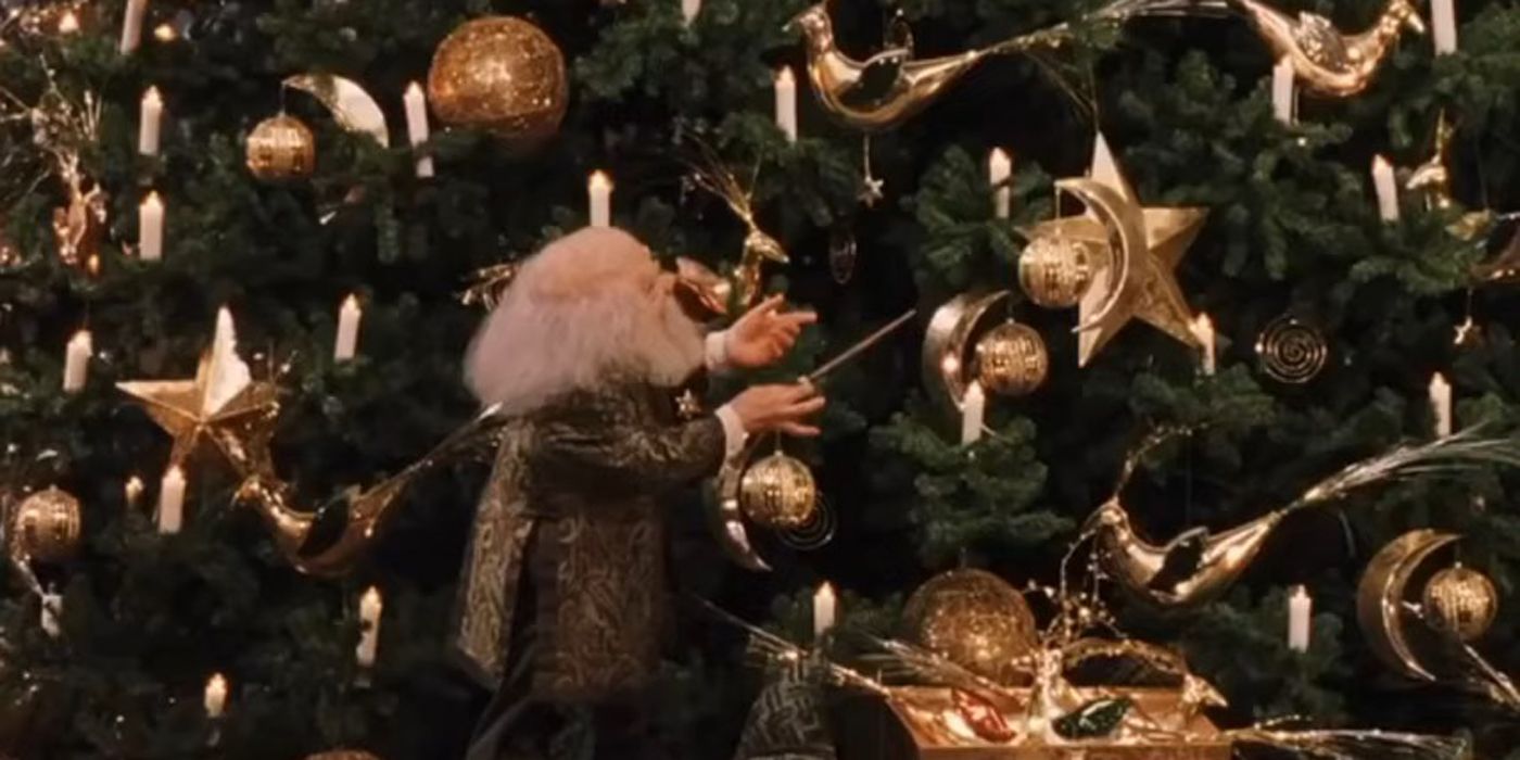 Professor Flitwick decorates the Christmas tree in Harry Potter.
