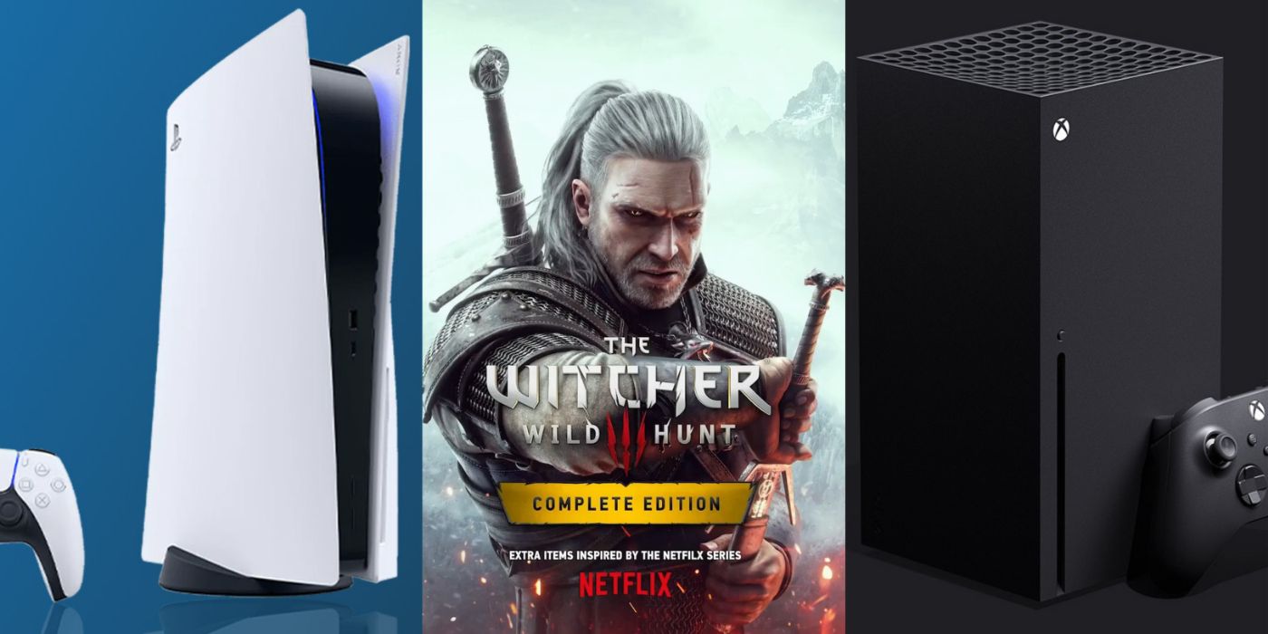 Imagem dividida do PS5, arte da capa de The Witcher 3 e Xbox Series X.