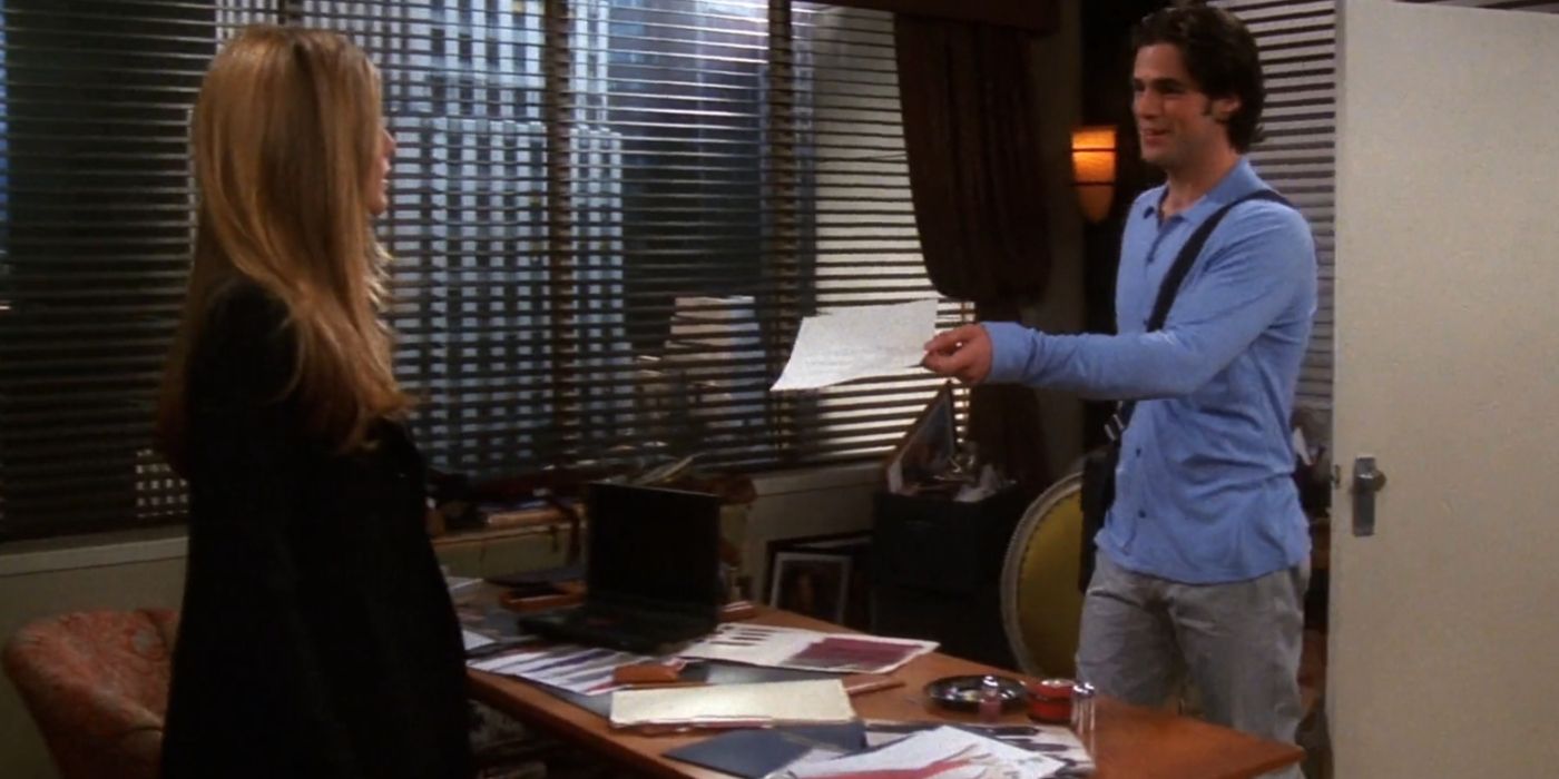 Tag Jones hands over his resume to Rachel Green in her office in Friends.