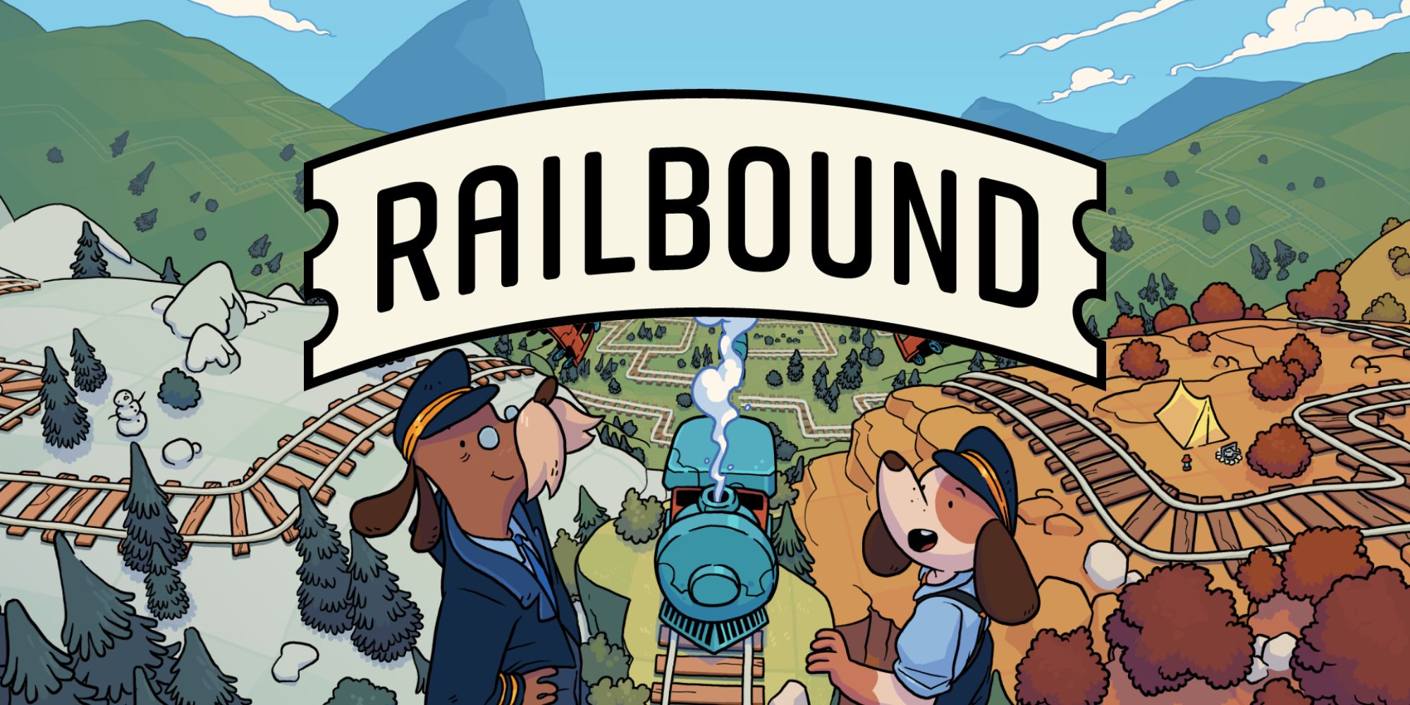 Railbound Review art of the two dogs, train, biomes, and logo