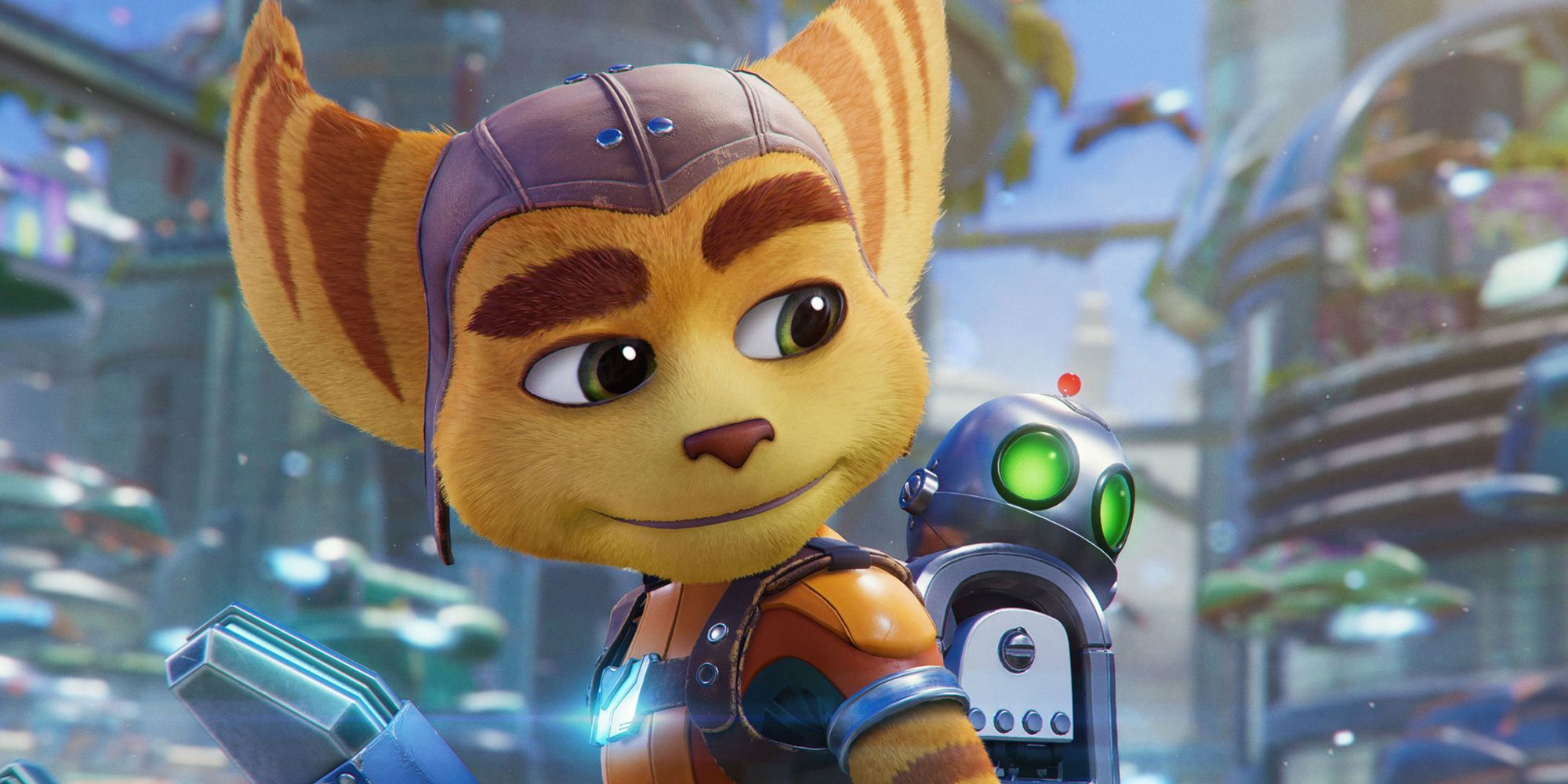 Clank nas costas de Ratchet em Ratchet & Clank: Rift Apart.