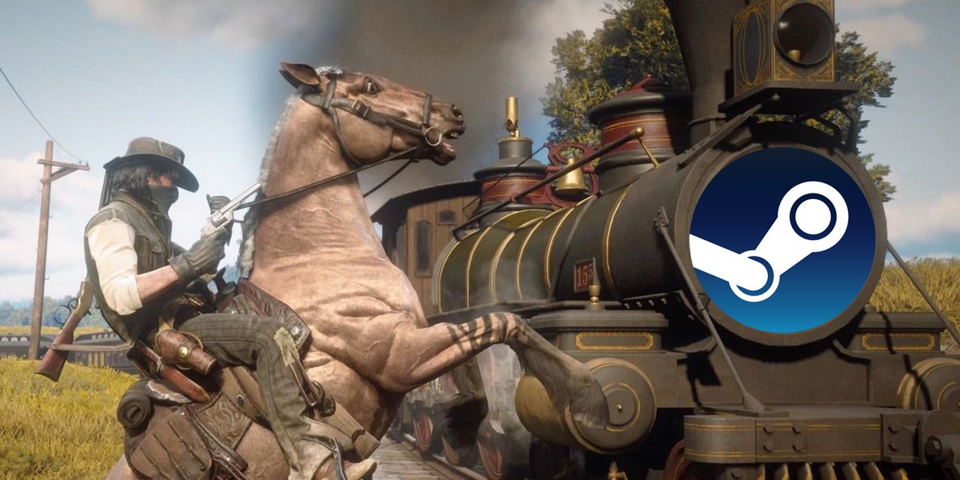 Hijacking a train with the Steam logo on it in Red Dead Redemption 2.
