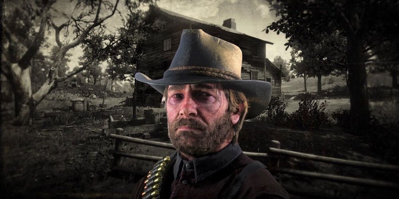 Arthur Morgan looking scared in front of a photograph of the Aberdeen Pig Farm in Red Dead Redemption 2
