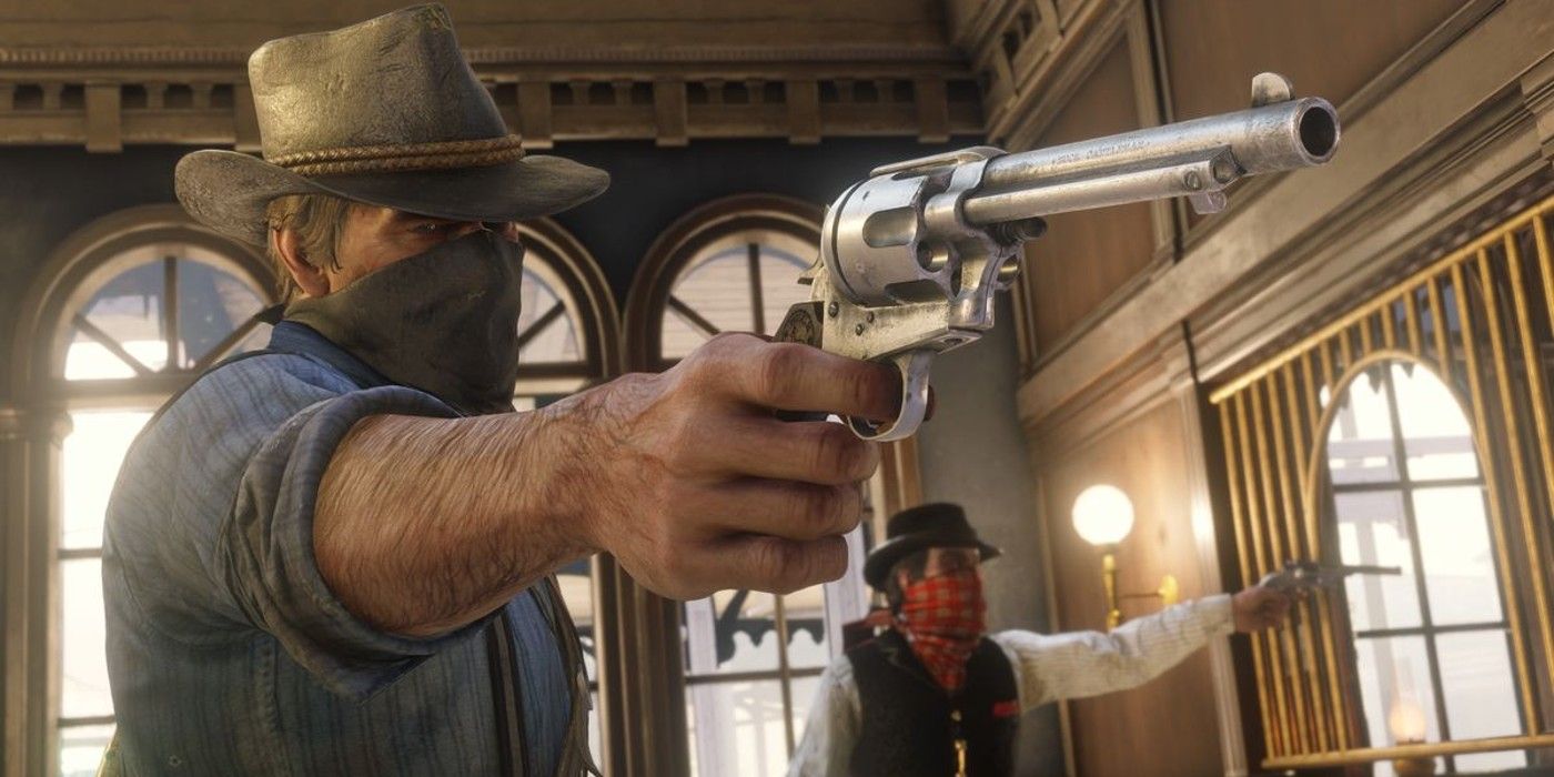 Arthur Morgan and Dutch van der Linde performing a heist in Red Dead Redemption 2.