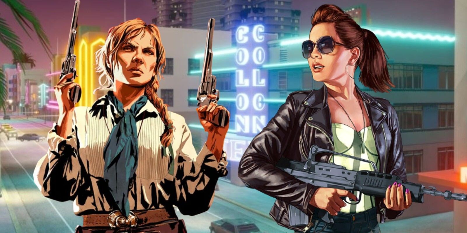 Sadie Adler from Red Dead Redemption 2 and a female GTA Online promotional character in Vice City.