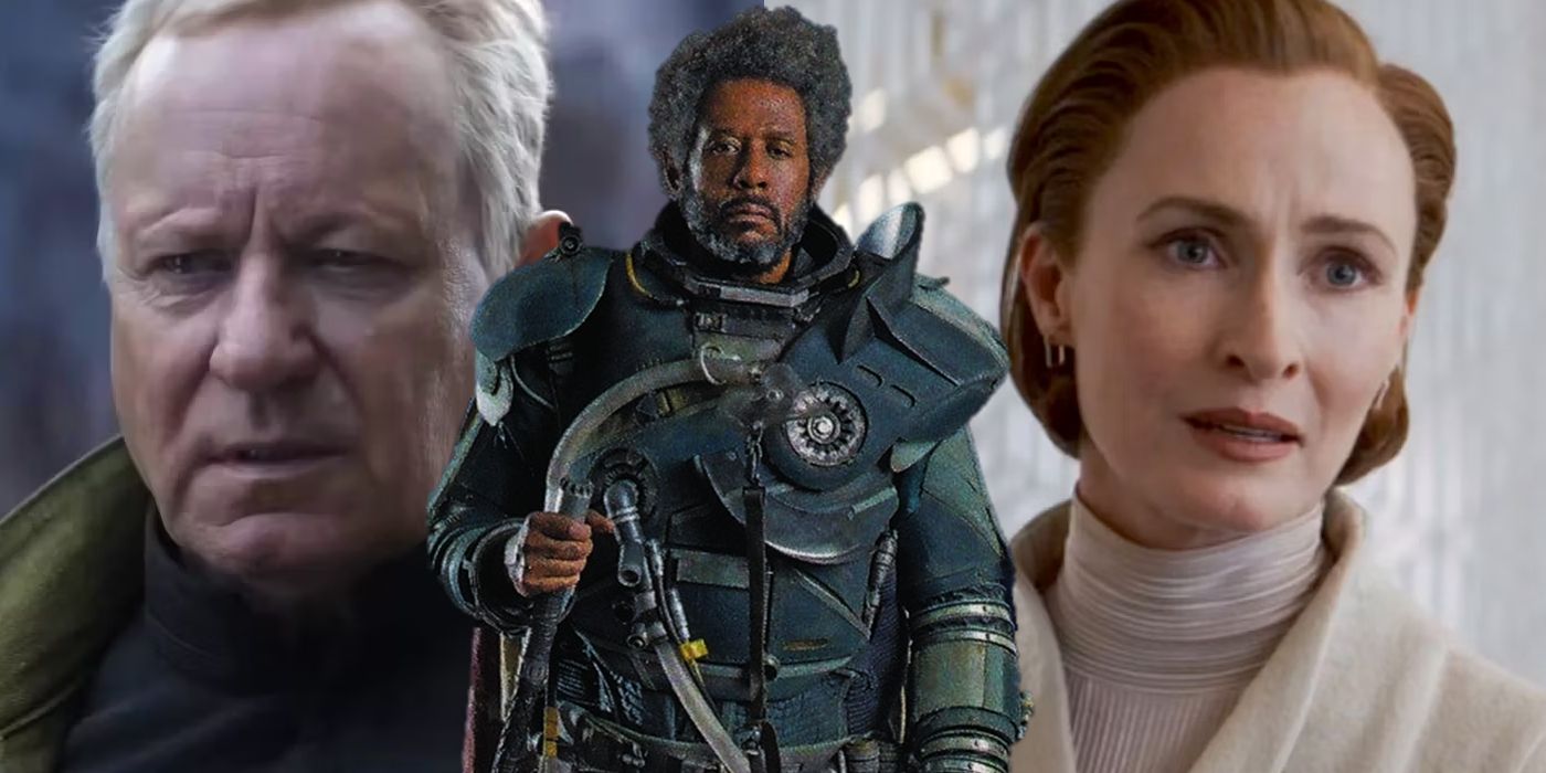 Split Image: Luthen Rael squints at something in the distance; Saw Gerrera stands at the ready; Mon Mothma looks concerned