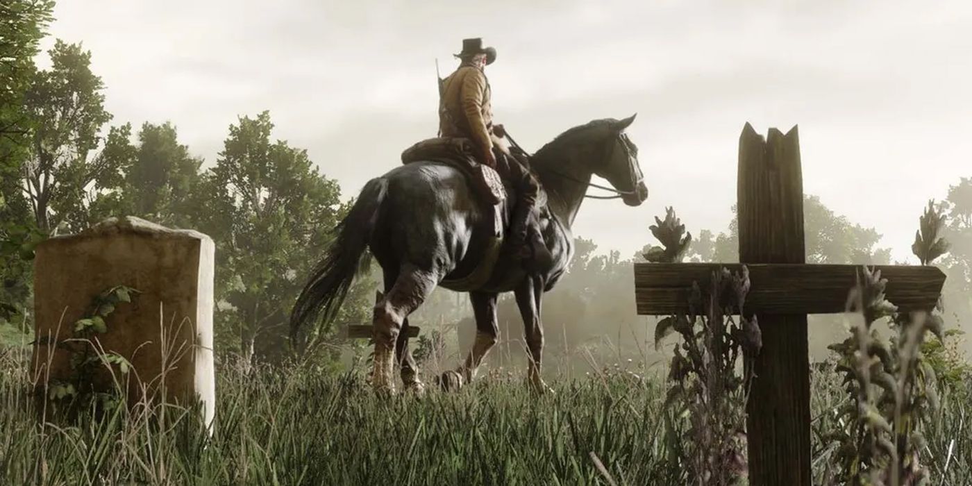 Arthur Morgan a cavalo em um cemitério em Red Dead Redemption 2