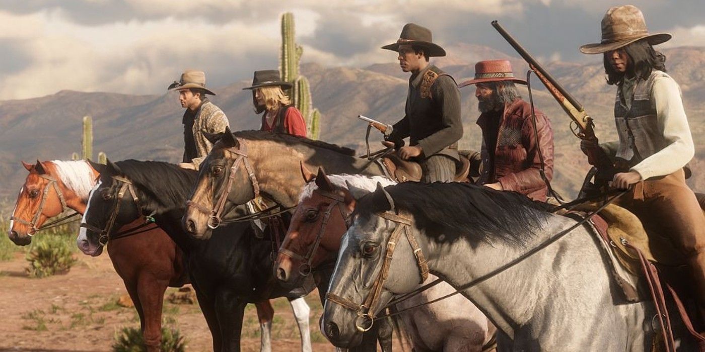 A group of outlaws on horses in Red Dead Online