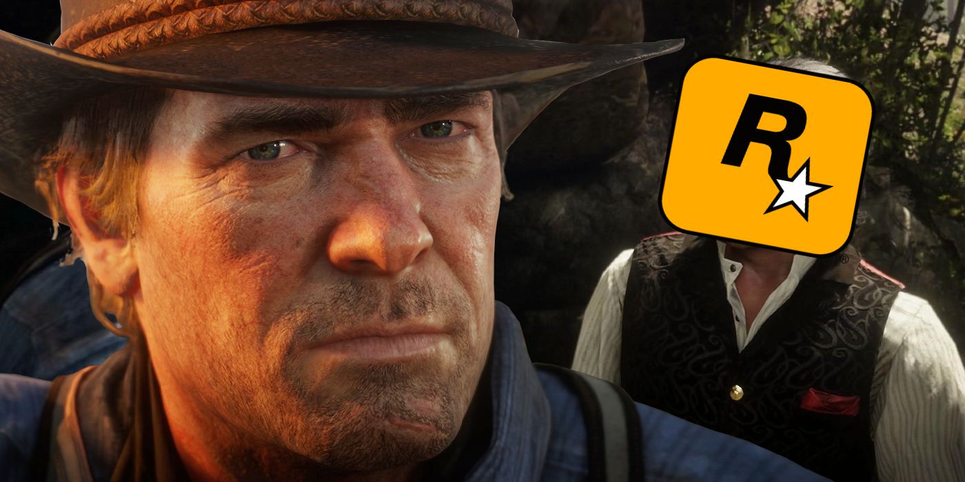 Image of Arthur Morgan from Red Dead Redemption 2. Dutch is stood behind him with the Rockstar Games logo covering his face.