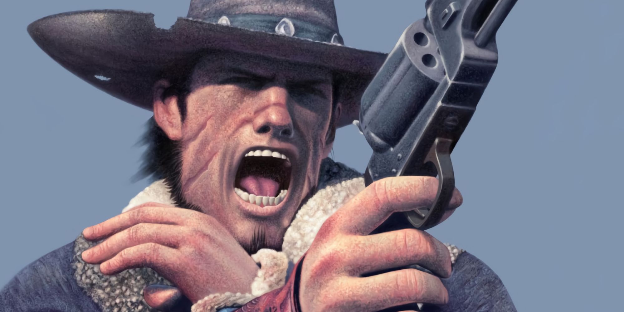 Protagonista de Red Dead Revolver, Red Harlow, apontando um revólver e gritando.
