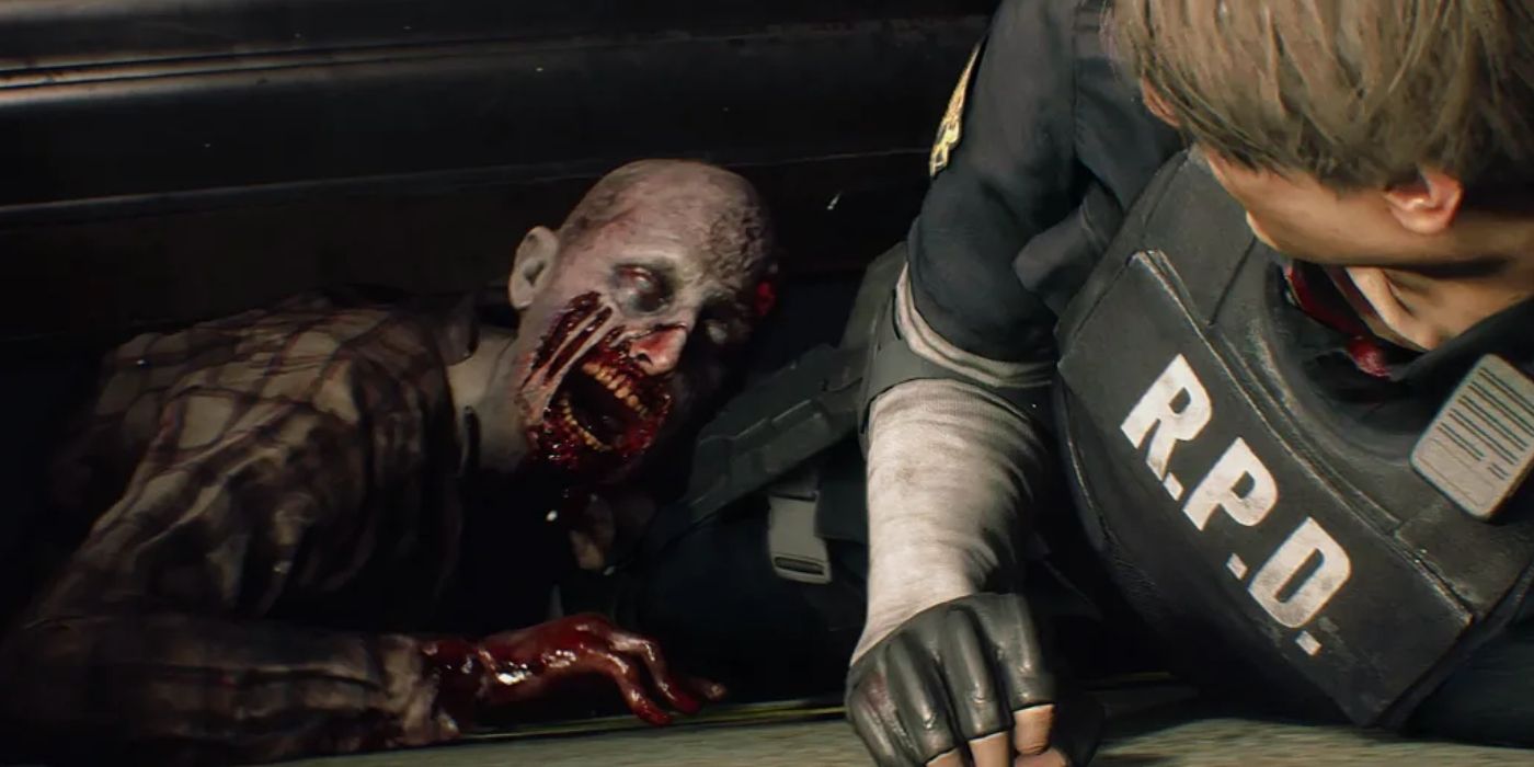 A zombie menacing Leon in a screenshot from Resident Evil 2 Remake