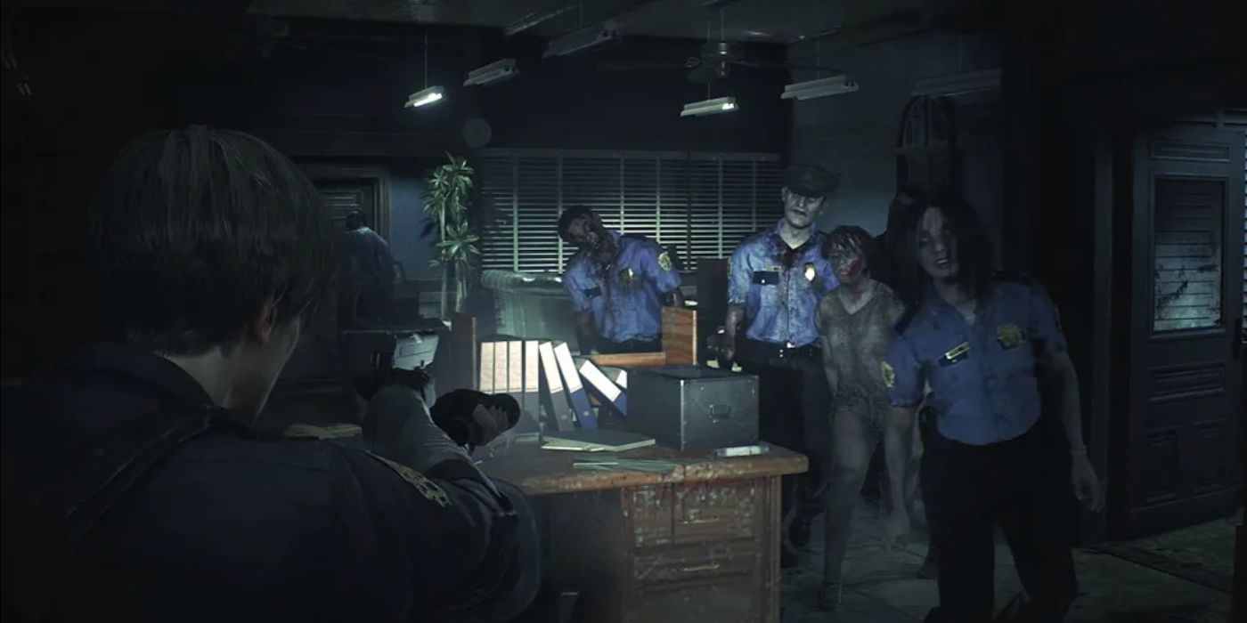 A group of undead police officers in the Resident Evil 2 Remake