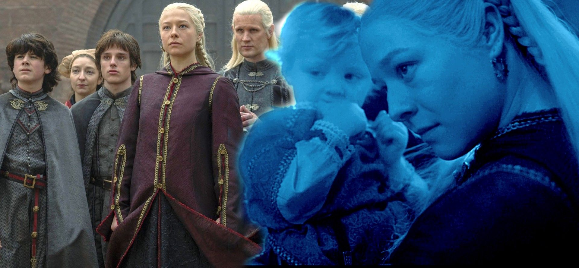 Rhaenyra with her family, and Rhaenyra holding her baby Aegon - House of the Dragon