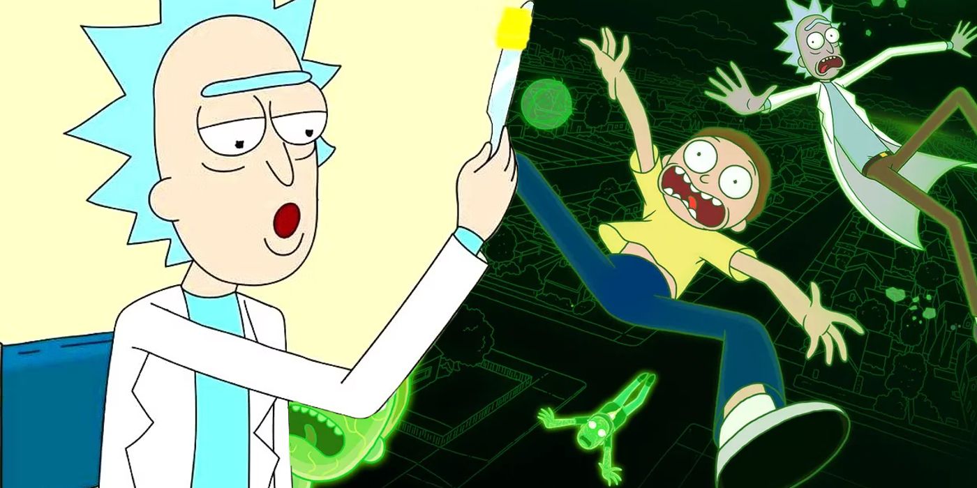 A blended image features Rick with a butter knife and Rick and Morty falling in the Rick and Morty animated series